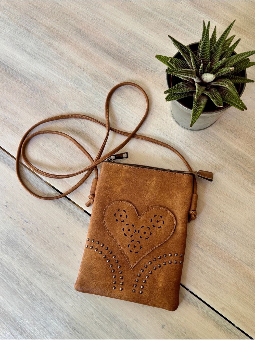 NWOT Caramel Faux Leather Crossbody Bag with Heart Cutout Design & Studs.